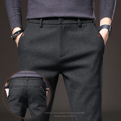 Good Quality Autumn Casual Pants Men Business Slim Elastic Waist Stretch Work Brushed Fabric Blue Trousers Male Brand Clothes