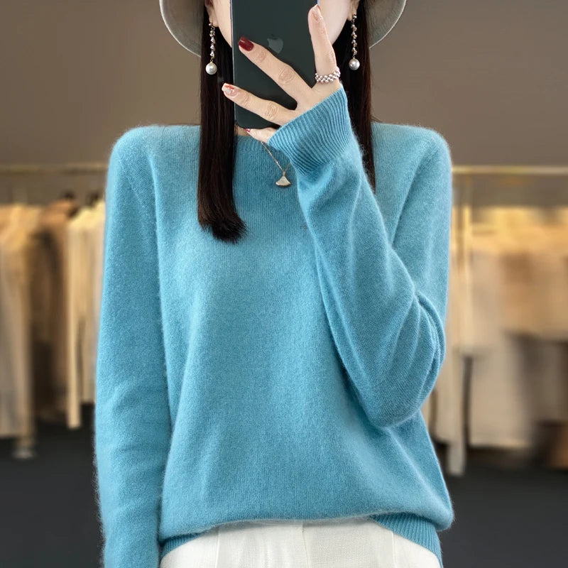 Women 100% Merino Wool Sweater New Fashion O-Neck Pullover Tops Basic Jumper Autumn Winter Woman Cashmere Sweater Knitted Blouse