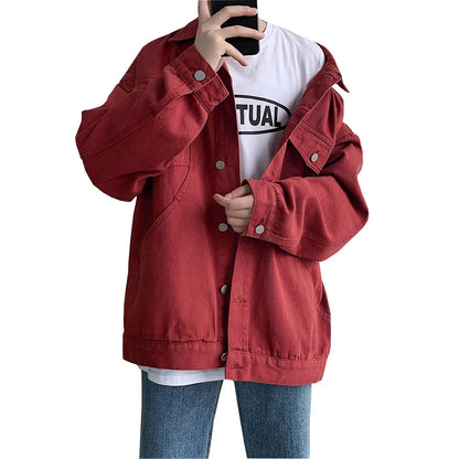 2026 New Steetwear Red Mens Jean Jackets Turn Down Collar Multi-pockets Denim Coats Overalls Loose Casual Men Clothing Outwear