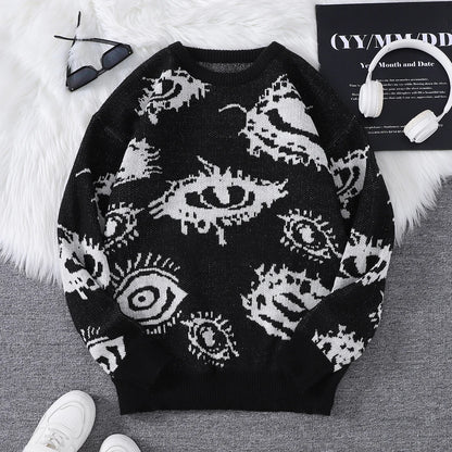 New Trendy Autumn and Winter Abstract Eye Jacquard Pattern Pullover Sweater Casual Round Neck Knitted Men's Pullover