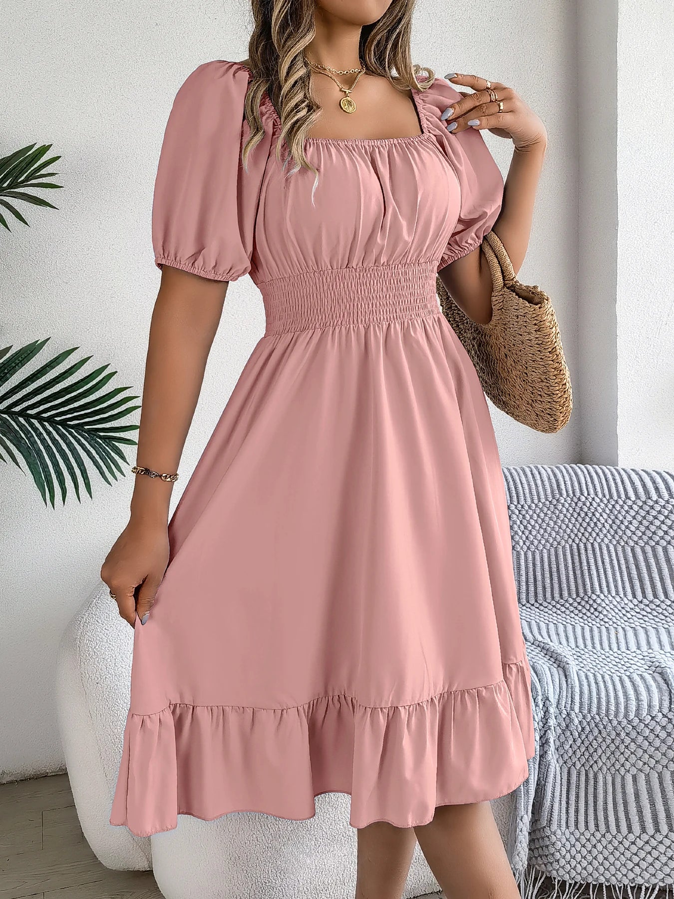 Spring Summer Elegant High Waisted Dress Square Neck Short Sleeved Ruffled Edge Long Dresses 2026 Valentine's Day Woman Clothing