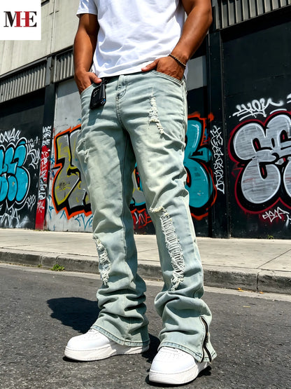 HME Men's Flared Denim Pants, Light Blue Vintage Jeans with Rips & Zipper Hem for Casual Style