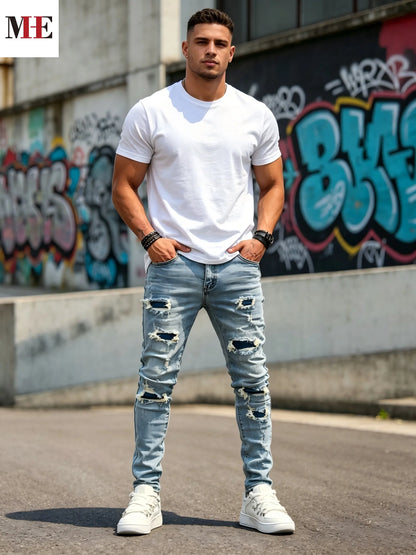 HME Men's Stretch Denim Pants, Light Blue Slim Skinny Jeans with Rips & Patches for Comfort