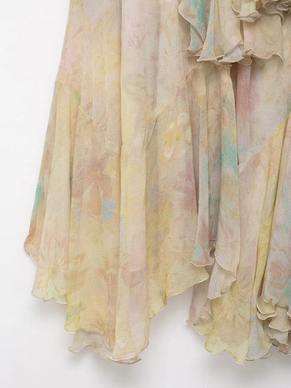 KONDALA Vintage Flower Print Long Skirts High Waist Ruffles Chiffon Skirts Fashion 2025 Autumn Boho Holiday Party Skirts