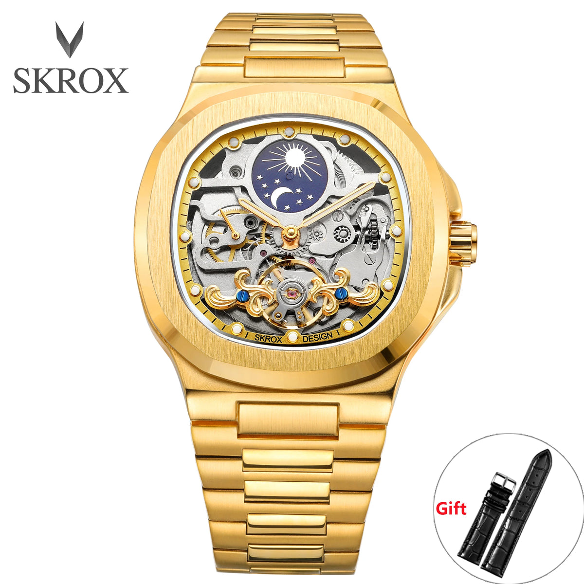 2026 High-end Luxury SKROX Square Man Watch Sapphire Stainless Steel Skeleton Moon Phase Classic Automatic Movement Male Watches