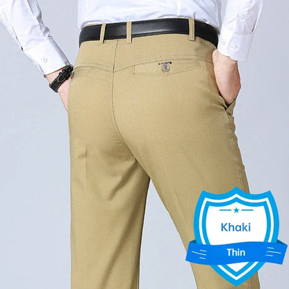 Men's Office Business 100% Cotton Pants Summer Thin & Autumn Thick High Waist Straight Loose Solid Bland Suit Slacks GOZBKF