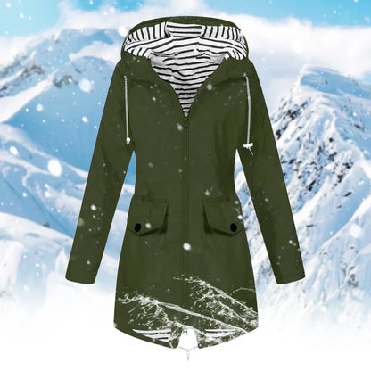 Waterproof Windproof Rain Jacket Womens Fall Winter Striped Lined Mid Length Rain Coat Long Sleeve Zip Up Overcoat Cold Weather