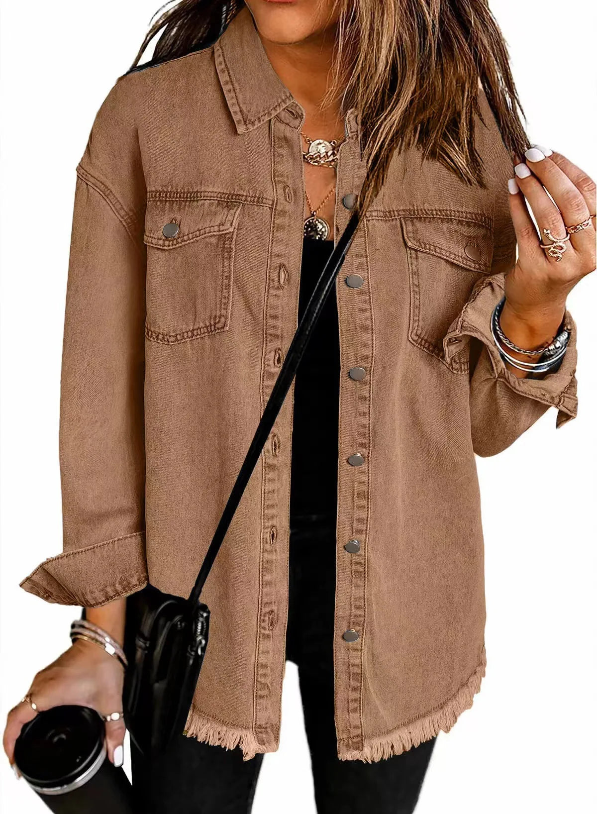 Autumn Winter New Women's Outerwear Denim Shirt Jacket Washed Finish Distressed Hem Single Row Buttons Pockets Street Fashion