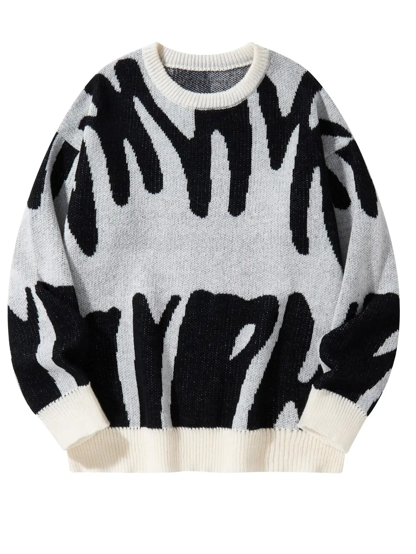 New Trendy Autumn and Winter Irregular Jacquard Pattern Pullover Sweater Casual Round Neck Color-Blocking Knit Men's Pullover