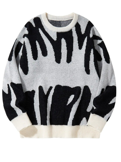 New Trendy Autumn and Winter Irregular Jacquard Pattern Pullover Sweater Casual Round Neck Color-Blocking Knit Men's Pullover