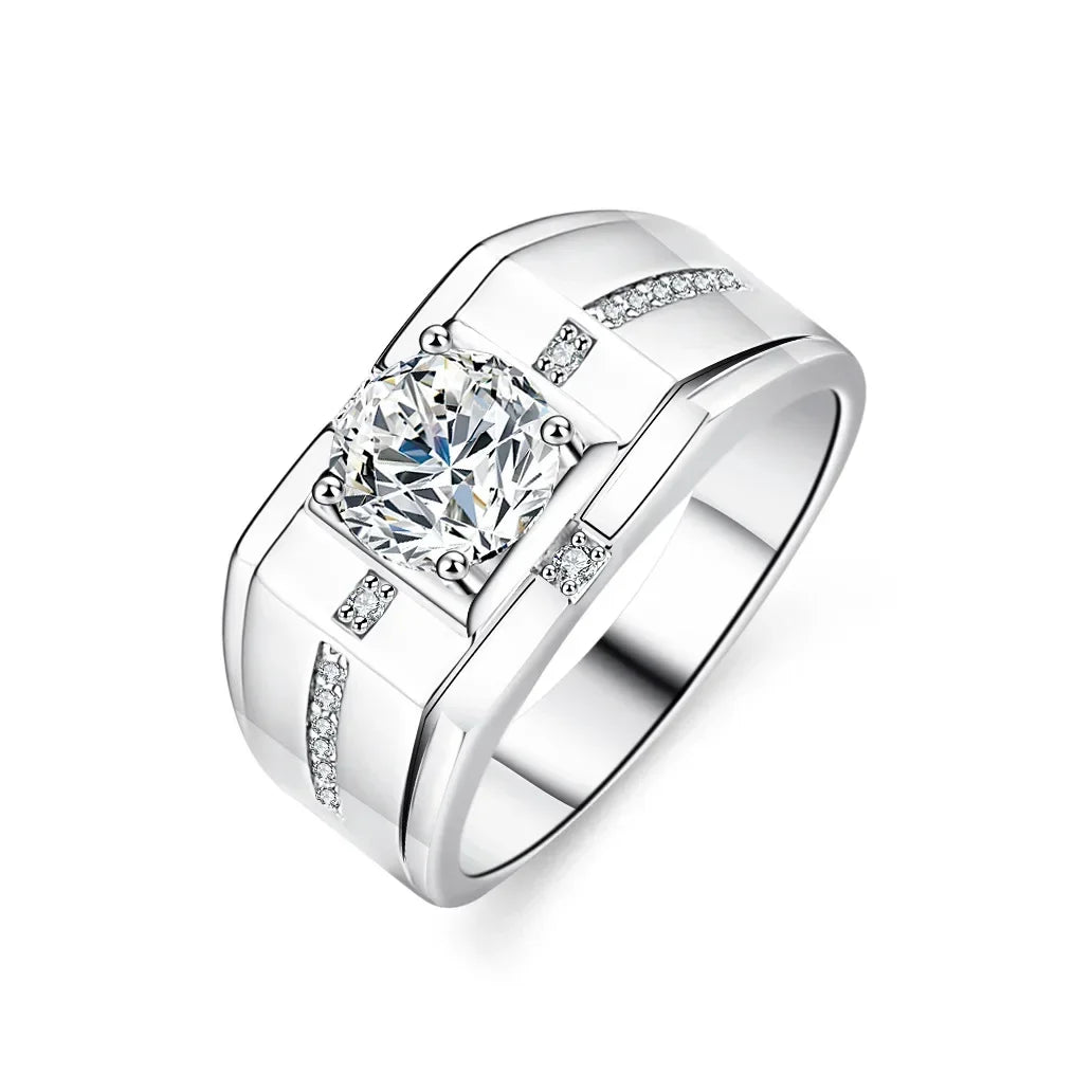 Solid 18K White Gold Ring 1CT Moissanite Male's Wedding Ring Stone Certified Natural Diamond Rings For Man D Color VVS1 Jewelry