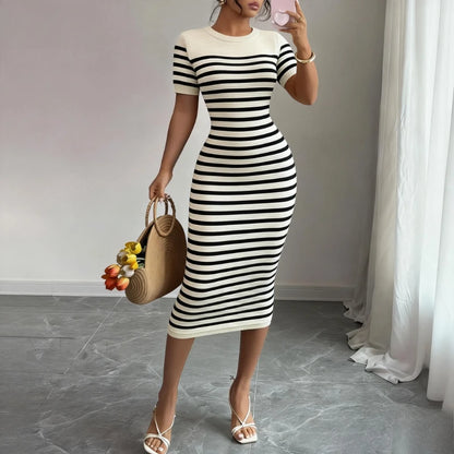 Women's Black Striped Crew Neck Short Sleeve Stretchy Knit Midi Dress Bodycon Sundress Casual Summer Daily Party Dress Outfits