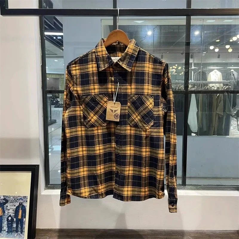 Autumn Men's Pure Cotton Flannel Plaid Long Sleeve Shirt Casual Loose Full Cotton Washed Dad Clothes Style Breathable Fashion