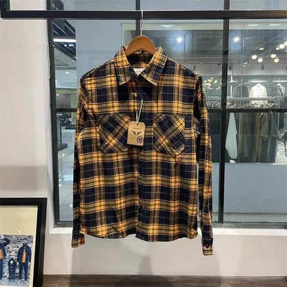 Autumn Men's Pure Cotton Flannel Plaid Long Sleeve Shirt Casual Loose Full Cotton Washed Dad Clothes Style Breathable Fashion