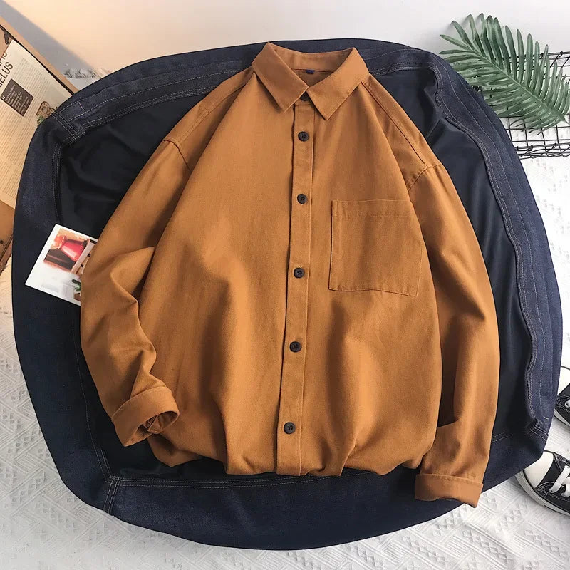 Heavy duty pure cotton shirt men's long sleeved ins trendy loose jacket for spring inner wear casual workwear shirt