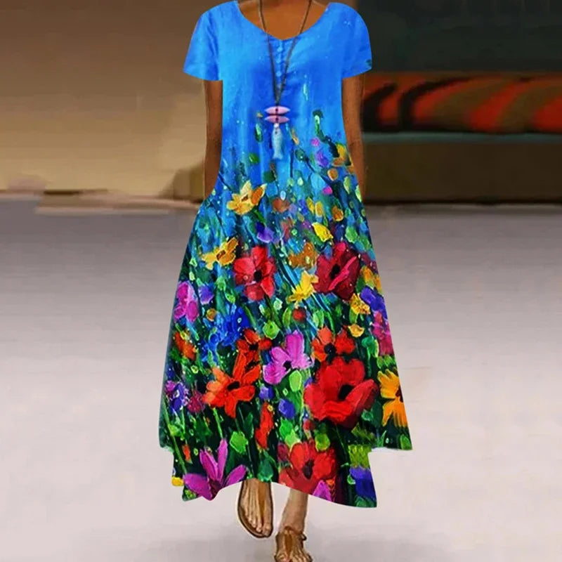 Women's Fashionable Dandelion Short Sleeved Dress Summer Casual Print Long Dress