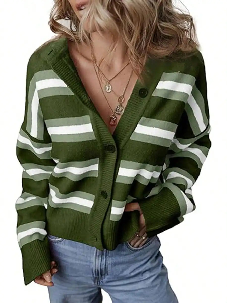 Womens Long Sleeve Cropped Striped Chunky Knit Cardigans Sweaters Long Sleeve Lightweight Open Front Button Tops Outfits