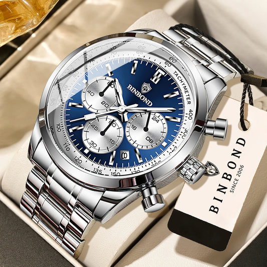 BINBOND Cool Sturdy Accurate Luxury Quartz Watch for Men Auto Date Chronograph Luminous Waterproof Men's Watch Casual Reloj