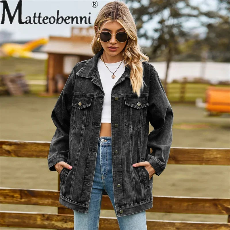 Vintage Denim Jacket Women Autumn Winter Loose Lapel Single-breasted Cardigan Coat Ladies Fashion Casual Commuter Outerwear 2024