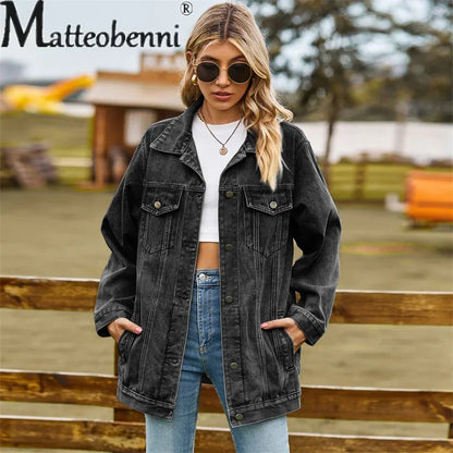 Vintage Denim Jacket Women Autumn Winter Loose Lapel Single-breasted Cardigan Coat Ladies Fashion Casual Commuter Outerwear 2024