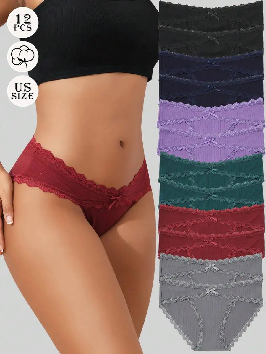 12 Pcs Women Cotton Lace Cheeky Bikini Panties Stretch Hipster Briefs Multipack S-XXL