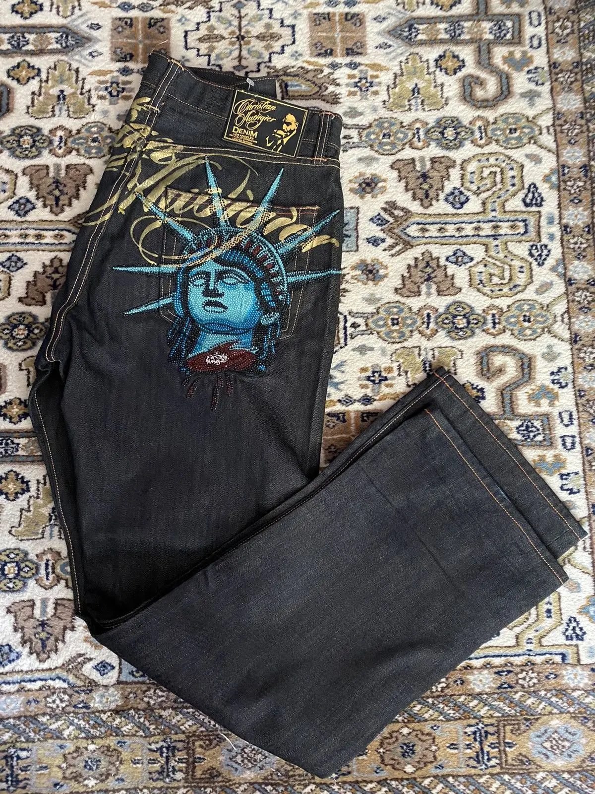 2000s Vintage Statue of liberty Diamonds Jeans Casual Denim Pants High Waist Straight Wide Leg Jeans