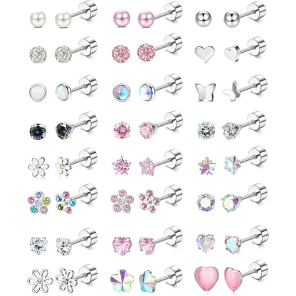 24Pairs Stainless Steel Stud Earrings for Women CZ Screw Back 4mm Tiny Flat Back Studs Cute Dainty Jewelry Gift Set 16G 18G