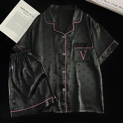 New Luxury Light Heart Ins Style Summer Pajamas for Women, Short Sleeve and Shorts, Ice Silk with Letter Embroidery Homewear Set