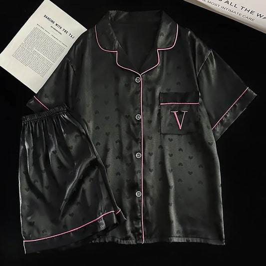 New Luxury Light Heart Ins Style Summer Pajamas for Women, Short Sleeve and Shorts, Ice Silk with Letter Embroidery Homewear Set