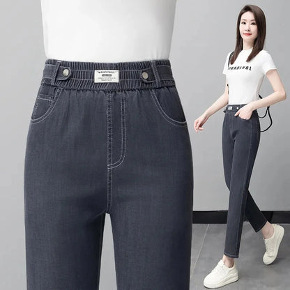 Ice Silk Jeans Women Summer Thin Blue Denim Trousers New Elastic High Waist Straight Extend Pantalons Female Ankle-Length Pants
