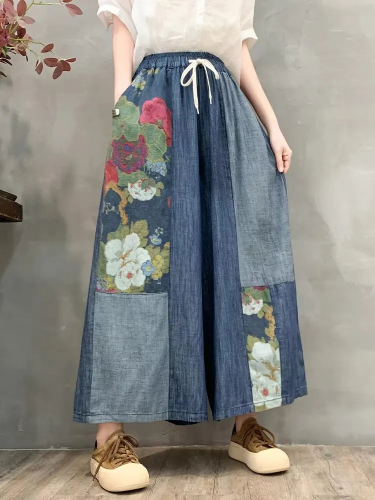 Amax luluE 2024 Summer Womens Fashion Denim Printed Plus Size Wide Leg Pants Ladies Casual Loose Floral Jeans Classic Trousers