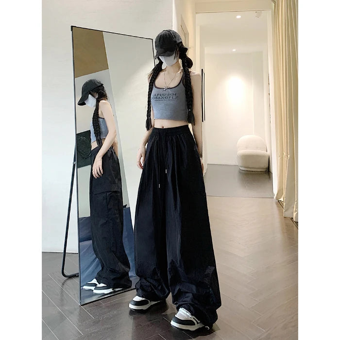 High Waist American Street Style Plus Size Women's Pants Solid Drawstring Cargo Pants Women Oversized Thin Summer New Trousers