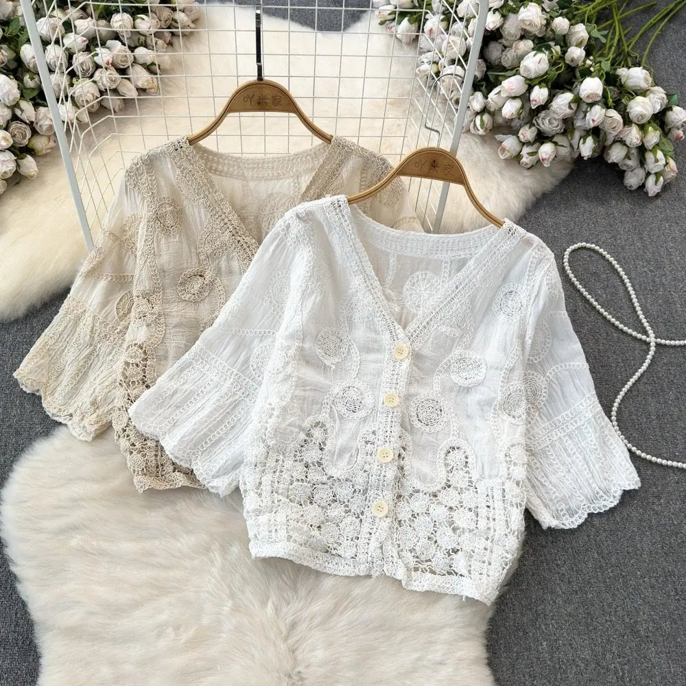 Embroidered Paisley Button-up Shirt Blouse Women's Cropchet Hollow-out Open-stitch Beach Cover-up