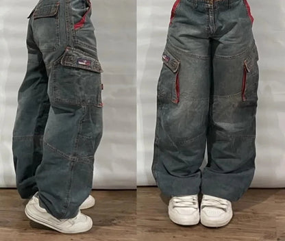 Street Vintage Jeans New Y2K Harajuku Wash Blue Multiple pockets Baggy Jeans Denim Pants Mens Womens High Waist Wide Trousers