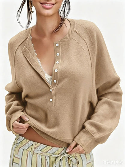 Women's Long-Sleeve Knitted Sweater, Half-Button Design, Henley Collar, Casual Style, lightweight Material, Solid Color Pullover Knitwear.