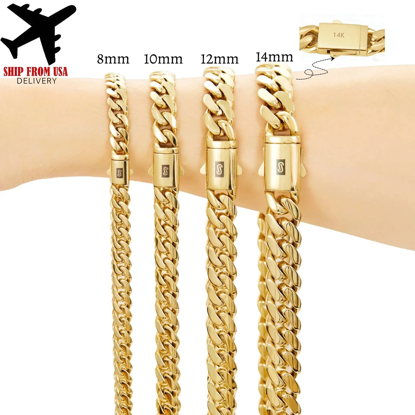 14K Gold-Plated Cuban Ncklace Miami Cuban Link Chain 6-14mm Stainless Steel Technology Anti-rust Colorfast Waterproof Anti-Friction The best gift for men and women men's jewelry