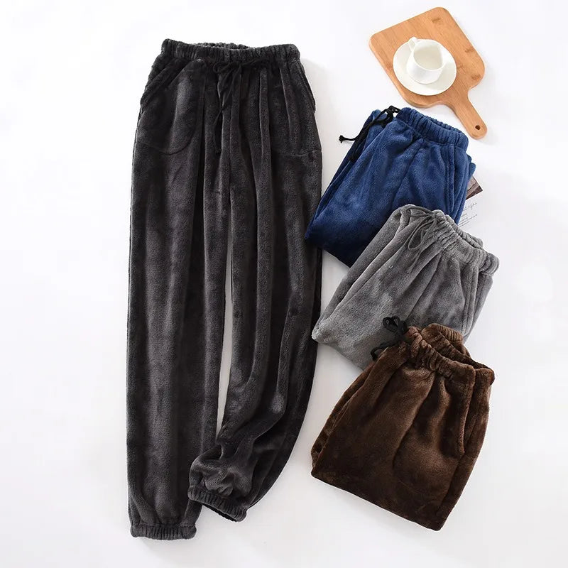 Men Sleep Pants Warm Pants Long Pants Fall Winter Flannel Elastic Cuff Loungewear Pants Loose Fit