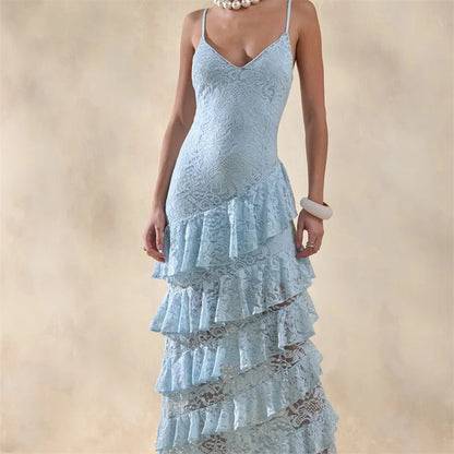 Sexy V Neck Lace Cami Tiered Ruffle Dress Women Slim Fit Maxi Evening Gown Holiday Party Formal Dress