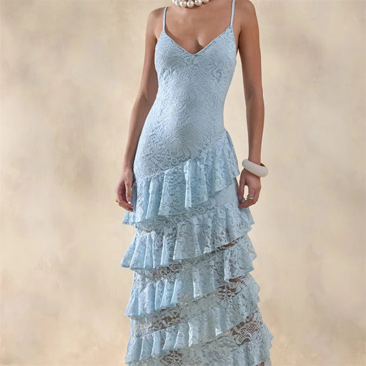 Sexy V Neck Lace Cami Tiered Ruffle Dress Women Slim Fit Maxi Evening Gown Holiday Party Formal Dress