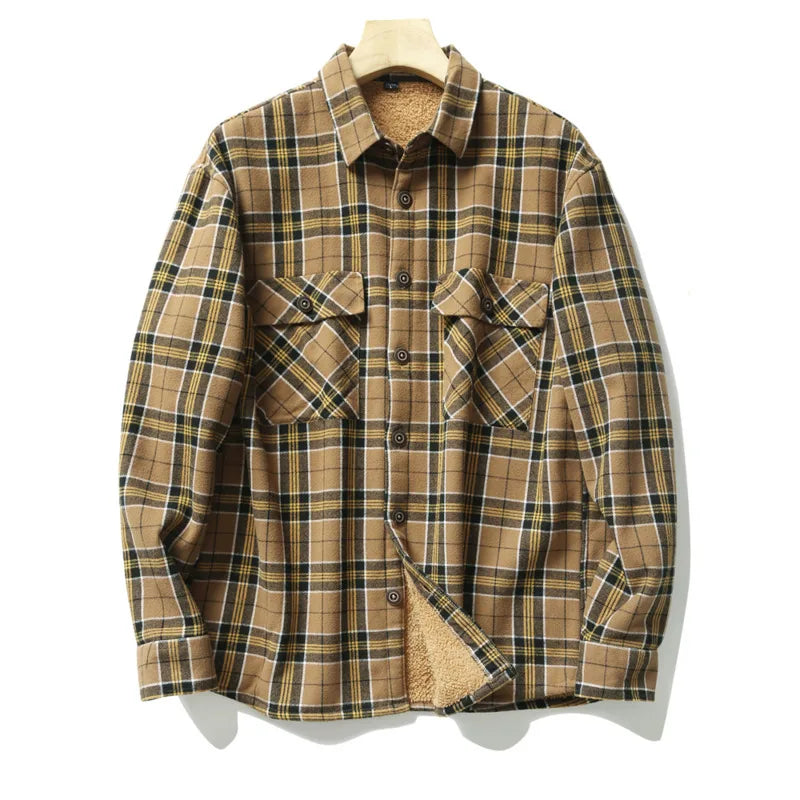 Men's Plaid Flannel Shirts Jacket Fall Winter Thick Fleece Quilted Lined Chest Pocket Long Sleeve Checkered Shirt Man Outwear