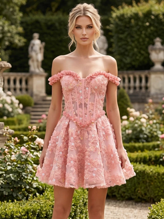 Sexy Off The Shoulder Floral Embroidery Mini Dress Women Ruffles Sleeveless Backless Flowers A-line Dresses Evening Party Gowns