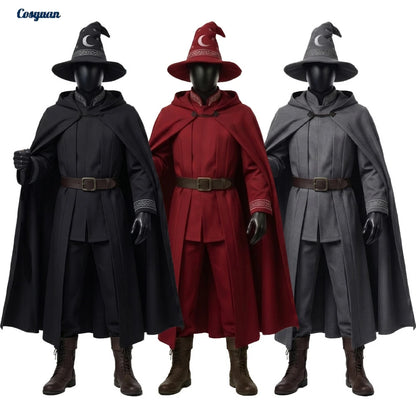Halloween Cosplay Wizard Cloth Top Pants Cloak Hat Red Grey Black Party Disguise Roleplay