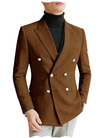 Men's Linen Blazer Double Breasted Slim Fit Breathable Suit Jacket Business Casual Gentlemen Coat Formal Wedding Party Dress
