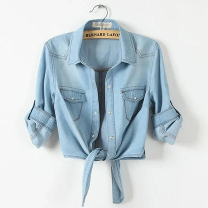 Spring Summer Curly Short Sleeve Thin Denim Jacket Female 6xl fashion Slim Knot Shirt Shawl Women's Outerwear Short Casual Tops