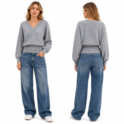 Batwing Sleeve V‑Neck Sweater for Women, Dolman Long Sleeve Ribbed Hem Cropped Knit Pullover, Loose Fit Casual Soft Knitted Jumper for Daily Office Fall Winter