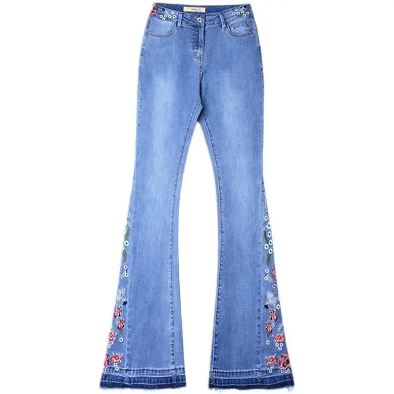 Embroidered Horn Jeans For women Summer 2025 New Light color Elastic High waisted Slim Denim Pants Female Casual Trousers