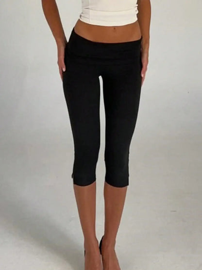 Women's Y2K Low Waist White Capri Leggings Fold Over Waistband Split Hem Solid Color Slim Fit Stretchy Cropped Leggings Buttery