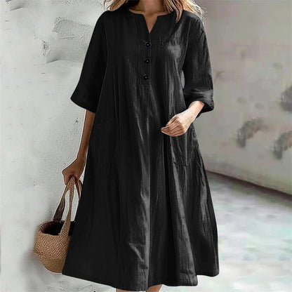 New Solid Color Cotton Linen Comfortable Casual Dresses Women Half Sleeve Loose Dress Gown Female Double Pocket Patchwork Frock