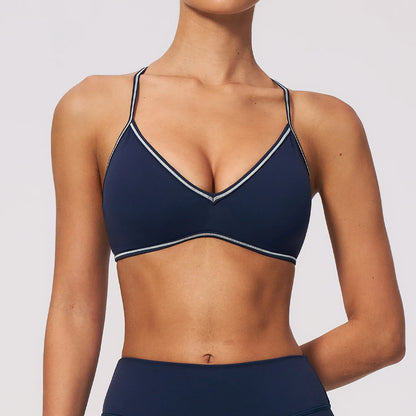 Women Deep V Neck Sports Bra with Contrast Piping Y Back Racerback Padded Gym Workout Yoga Bras Female Activewear Push Up Top