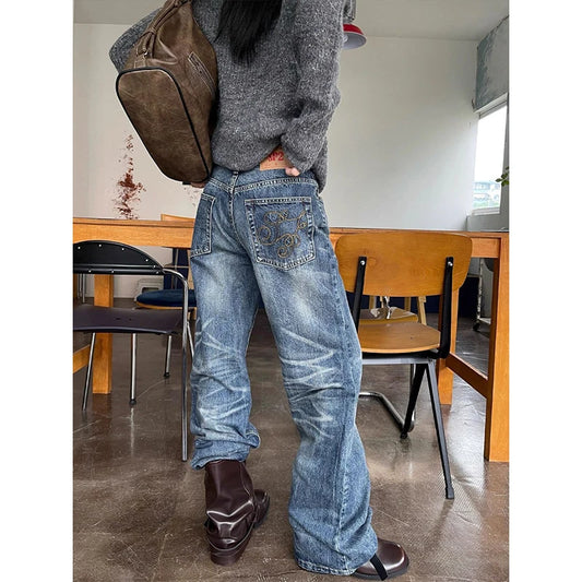 Blue Straight Leg Slim Fit Jeans Women's American Retro  Casual Cotton Denim Pants Youth Stand Fit Jeans